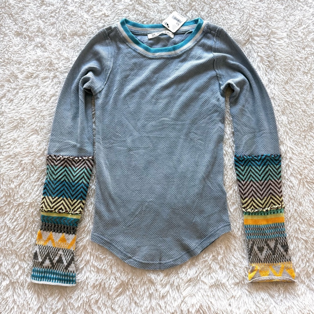 FINAL PRICE NWT Free People XS All In Cuff Thermal Top Blue Waffle Knit Pattern